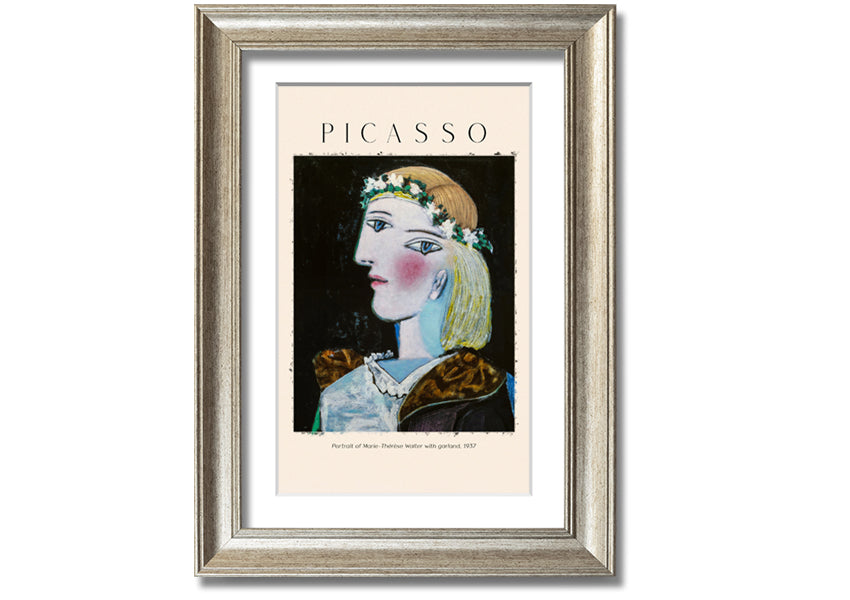 A vibrant canvas print of Picasso's Portrait Of Marie-Thérèse Walter, featuring a woman with a garland, mounted on a box frame.